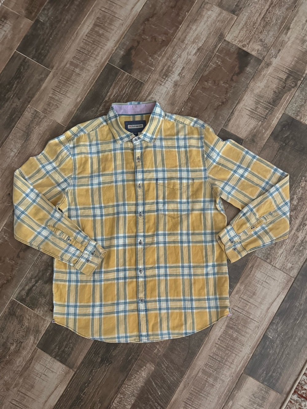 32 Bar BluesPlaid Yellow Button-Down Shirt with Blue Accent - Casual Men's Shirt